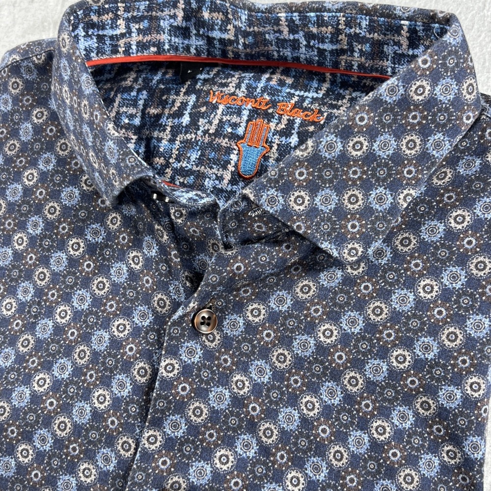 Luchiano Visconti Black Mens L Blue Geometric Medallion Print Button Up Shirt